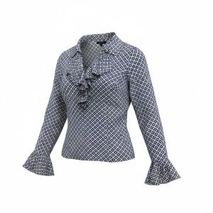 Anne Klein Navy and White Printed Ruffle Front Blouse